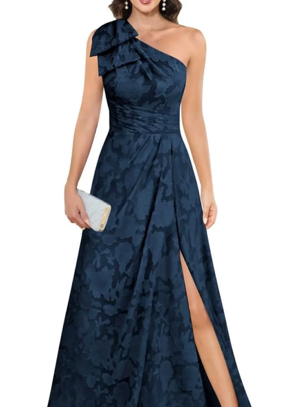 Navy One-Shoulder Floral Jacquard Evening Gown